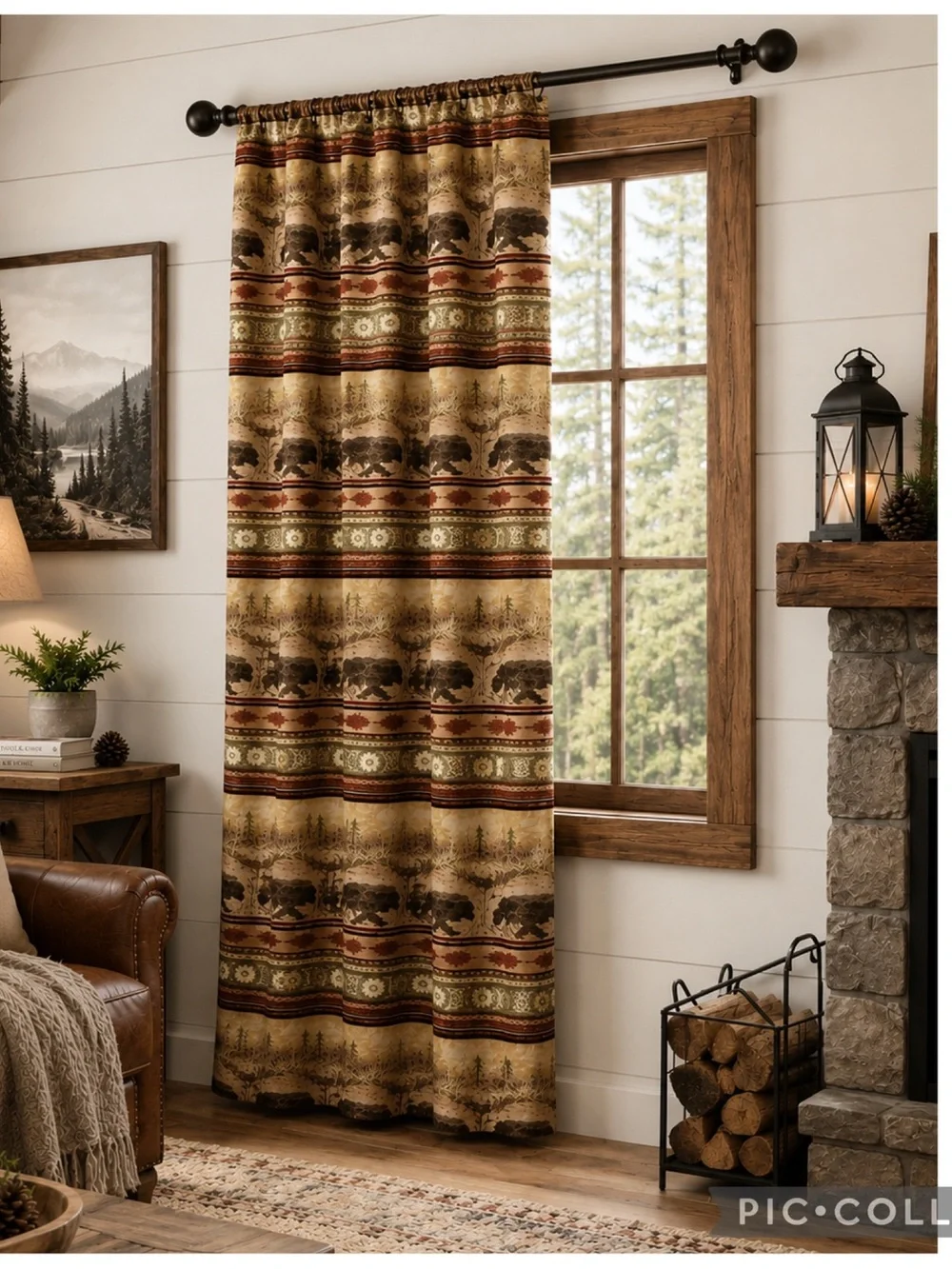 Wooded River Bear Valley Rustic Modern Cabin Rod Pocket Curtain Panel 48x84